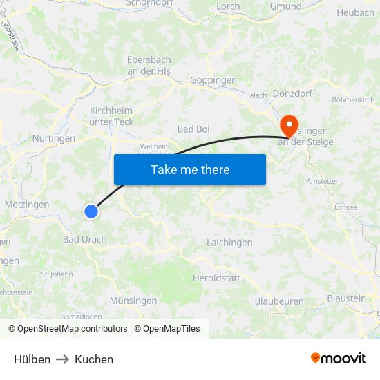 Hülben to Kuchen map