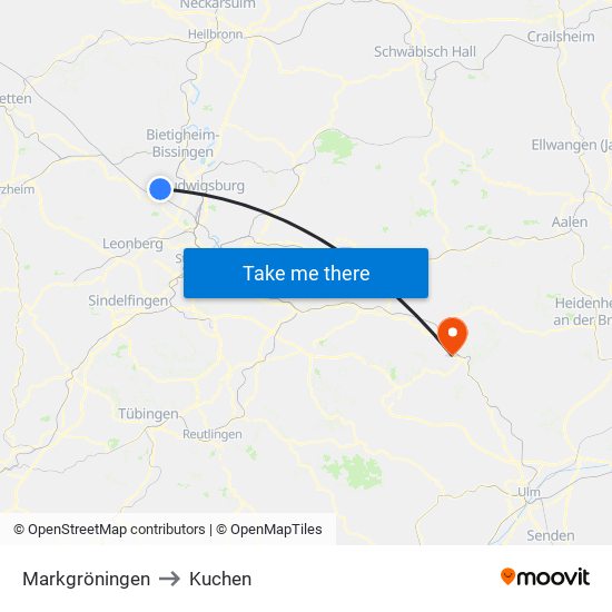 Markgröningen to Kuchen map