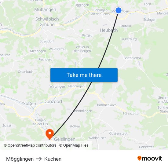 Mögglingen to Kuchen map