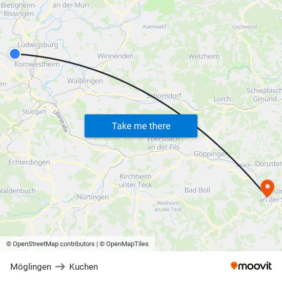 Möglingen to Kuchen map