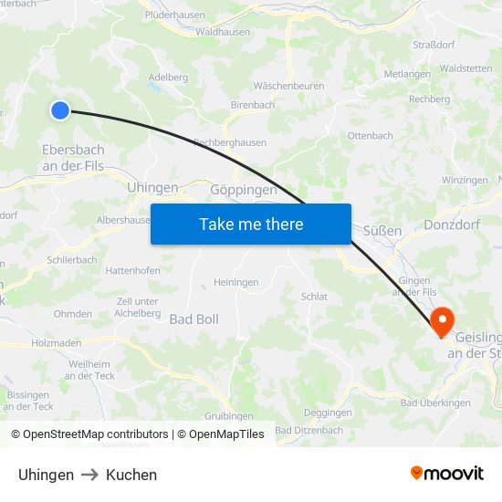 Uhingen to Kuchen map