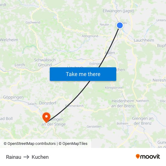 Rainau to Kuchen map
