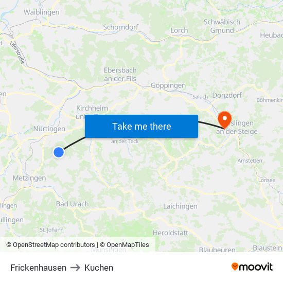 Frickenhausen to Kuchen map