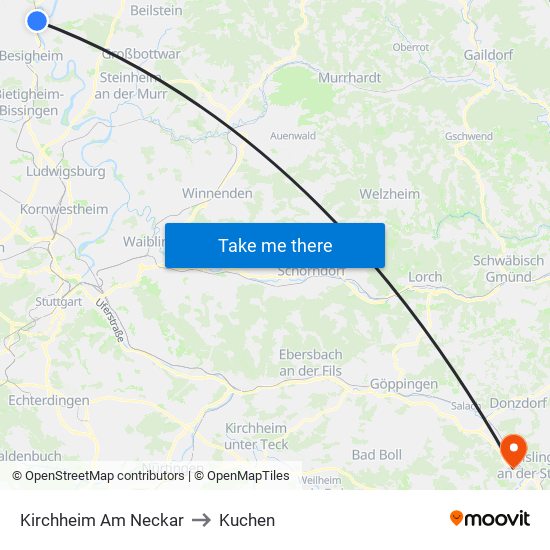 Kirchheim Am Neckar to Kuchen map