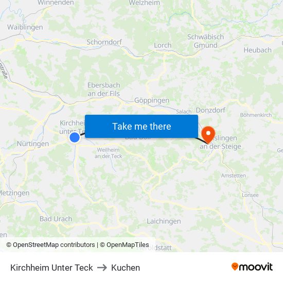 Kirchheim Unter Teck to Kuchen map