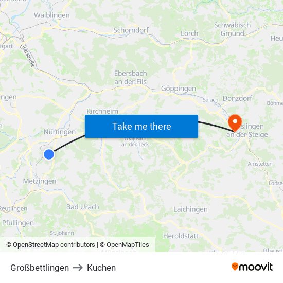 Großbettlingen to Kuchen map