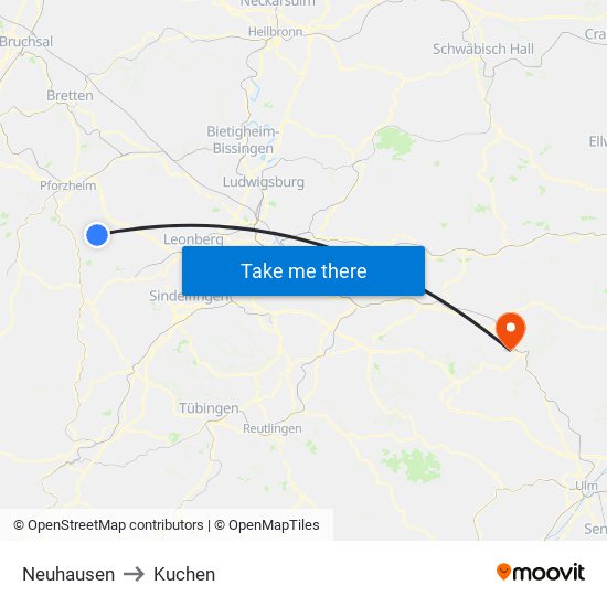 Neuhausen to Kuchen map