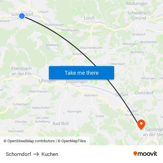 Schorndorf to Kuchen map