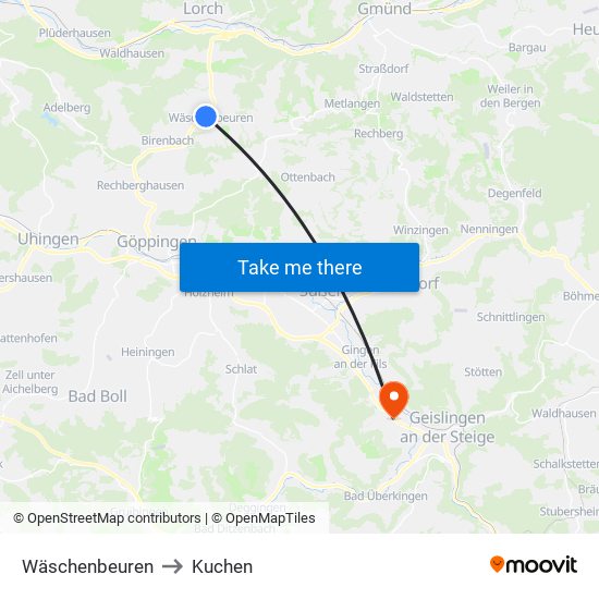 Wäschenbeuren to Kuchen map