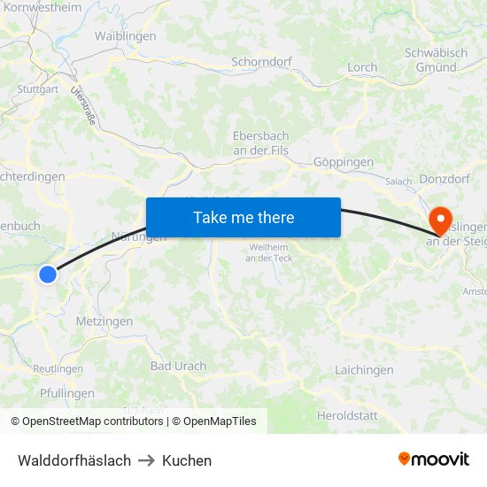 Walddorfhäslach to Kuchen map