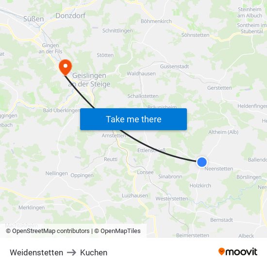 Weidenstetten to Kuchen map