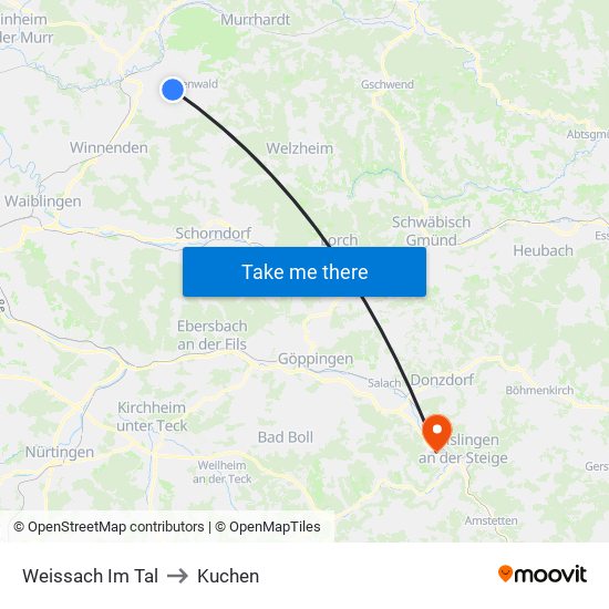 Weissach Im Tal to Kuchen map