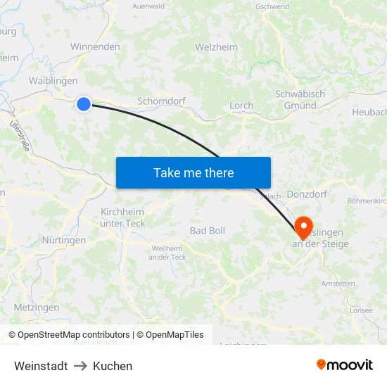 Weinstadt to Kuchen map