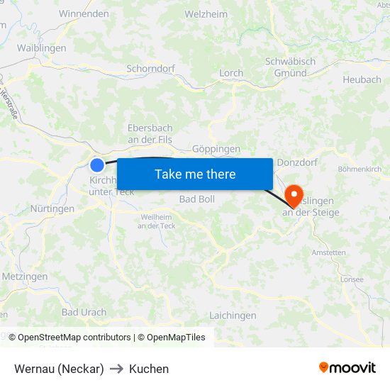 Wernau (Neckar) to Kuchen map