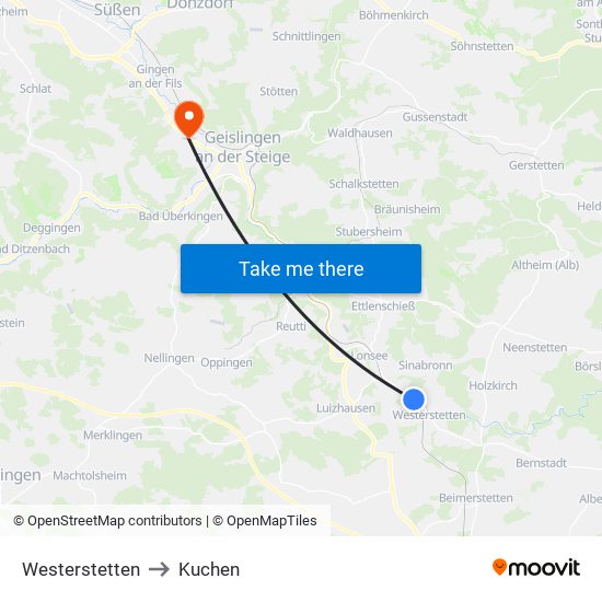 Westerstetten to Kuchen map