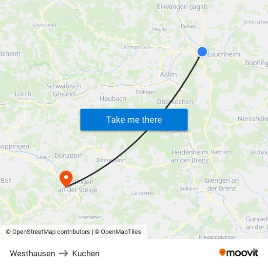 Westhausen to Kuchen map