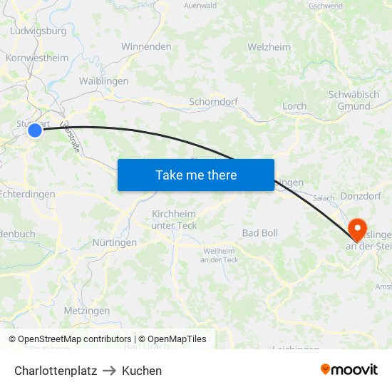 Charlottenplatz to Kuchen map