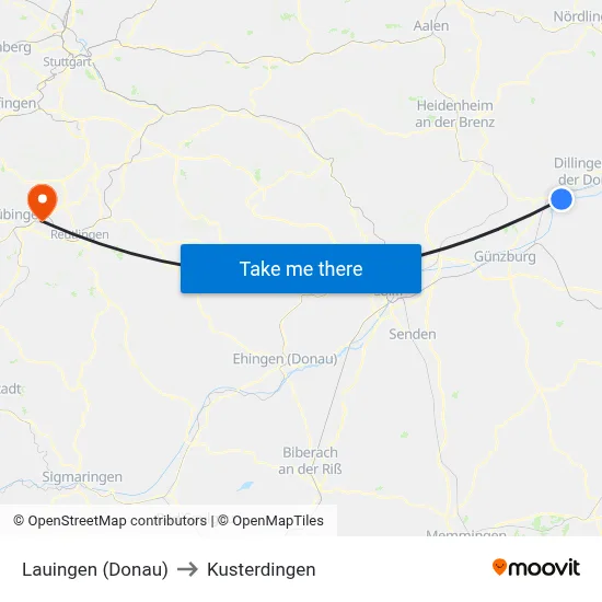 Lauingen (Donau) to Kusterdingen map