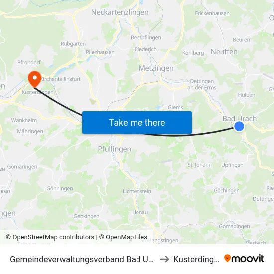 Gemeindeverwaltungsverband Bad Urach to Kusterdingen map