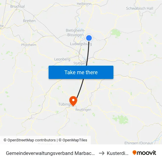 Gemeindeverwaltungsverband Marbach am Neckar to Kusterdingen map