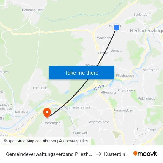 Gemeindeverwaltungsverband Pliezhausen to Kusterdingen map