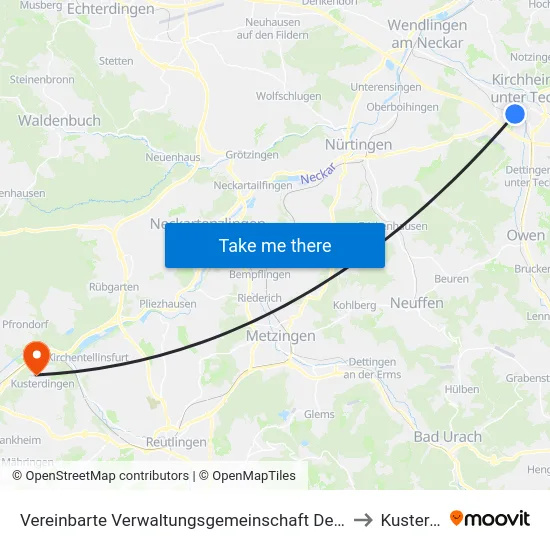 Vereinbarte Verwaltungsgemeinschaft Der Stadt Kirchheim Unter Teck to Kusterdingen map
