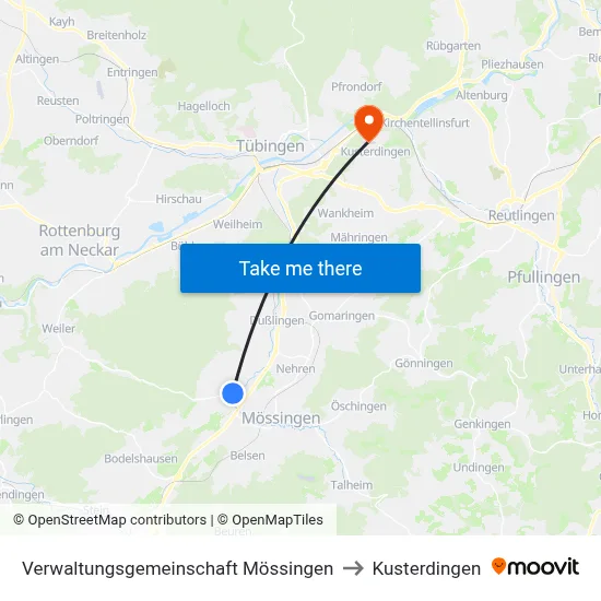 Verwaltungsgemeinschaft Mössingen to Kusterdingen map