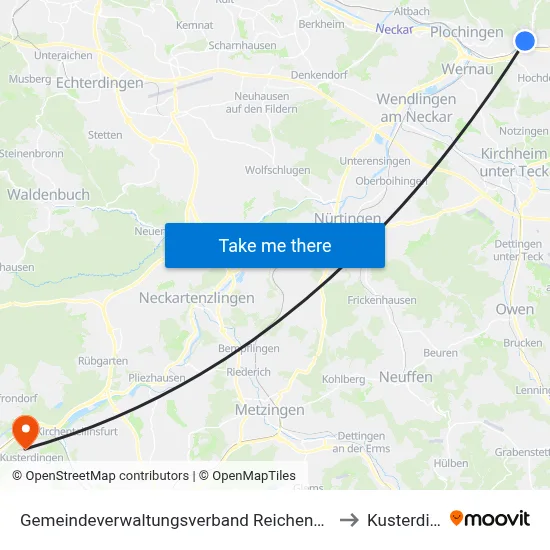 Gemeindeverwaltungsverband Reichenbach An Der Fils to Kusterdingen map