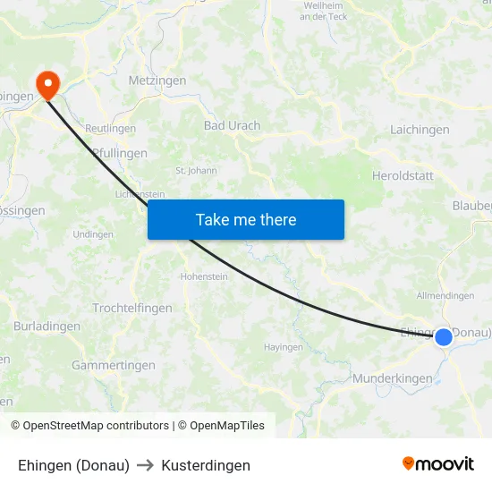 Ehingen (Donau) to Kusterdingen map