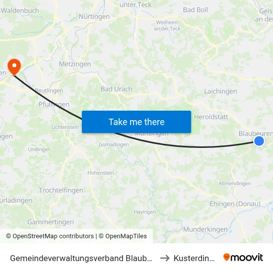 Gemeindeverwaltungsverband Blaubeuren to Kusterdingen map