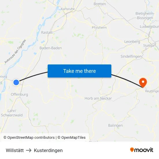 Willstätt to Kusterdingen map