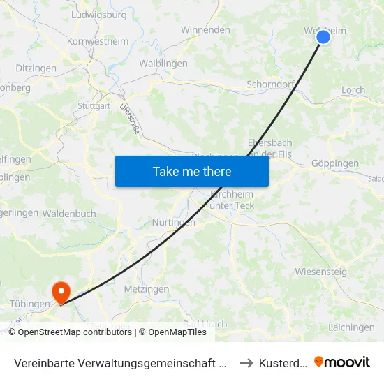 Vereinbarte Verwaltungsgemeinschaft Der Stadt Welzheim to Kusterdingen map
