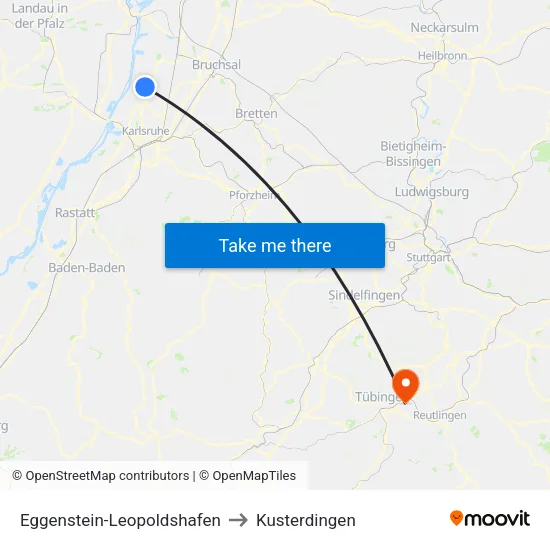 Eggenstein-Leopoldshafen to Kusterdingen map
