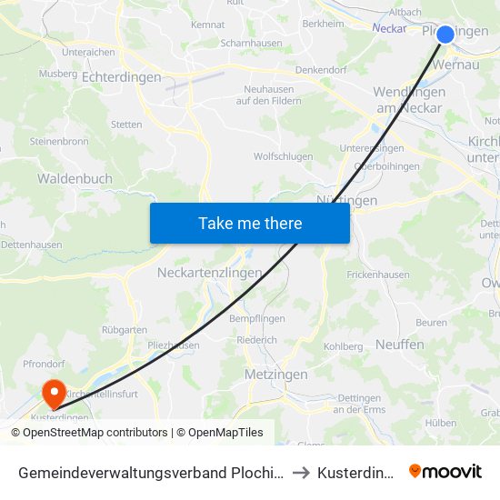 Gemeindeverwaltungsverband Plochingen to Kusterdingen map