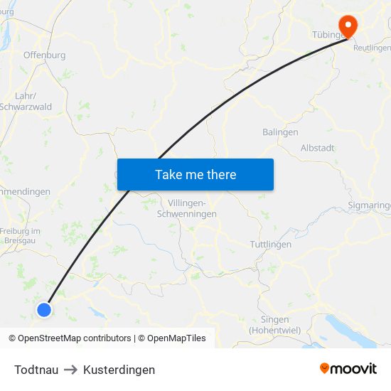 Todtnau to Kusterdingen map