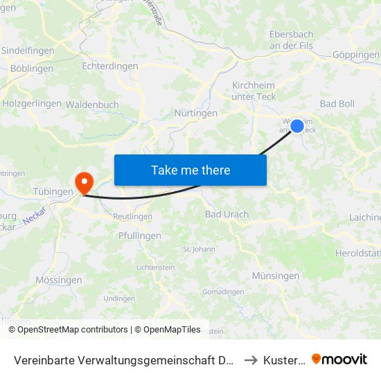 Vereinbarte Verwaltungsgemeinschaft Der Stadt Weilheim An Der Teck to Kusterdingen map