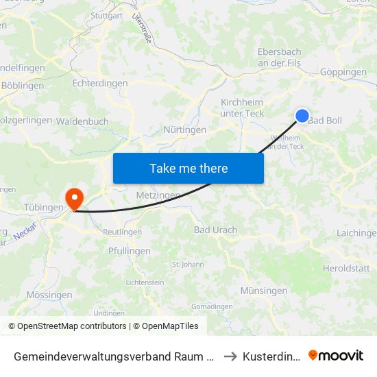 Gemeindeverwaltungsverband Raum Bad Boll to Kusterdingen map