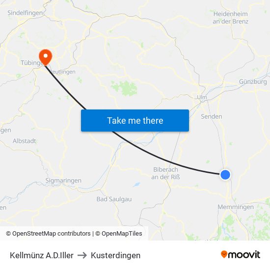Kellmünz A.D.Iller to Kusterdingen map