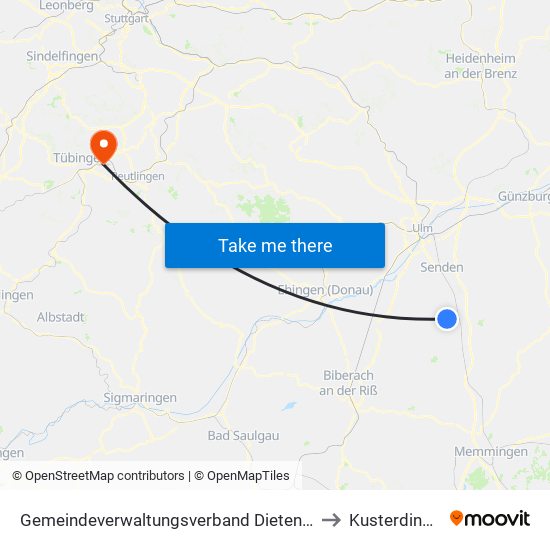 Gemeindeverwaltungsverband Dietenheim to Kusterdingen map