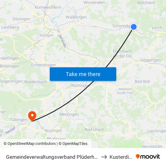 Gemeindeverwaltungsverband Plüderhausen-Urbach to Kusterdingen map