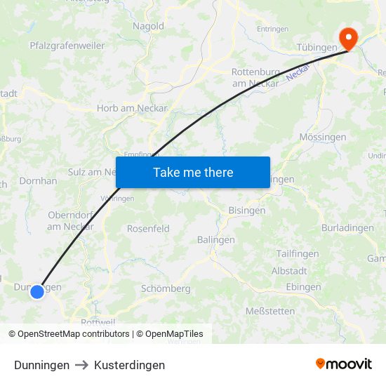 Dunningen to Kusterdingen map