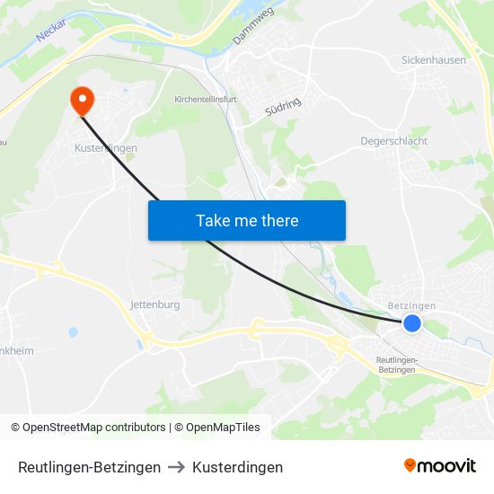 Reutlingen-Betzingen to Kusterdingen map