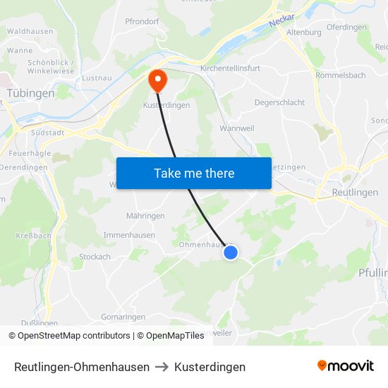 Reutlingen-Ohmenhausen to Kusterdingen map