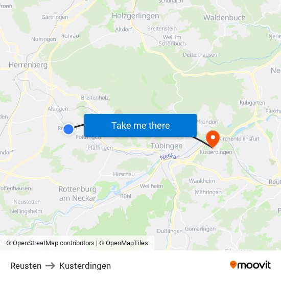 Reusten to Kusterdingen map