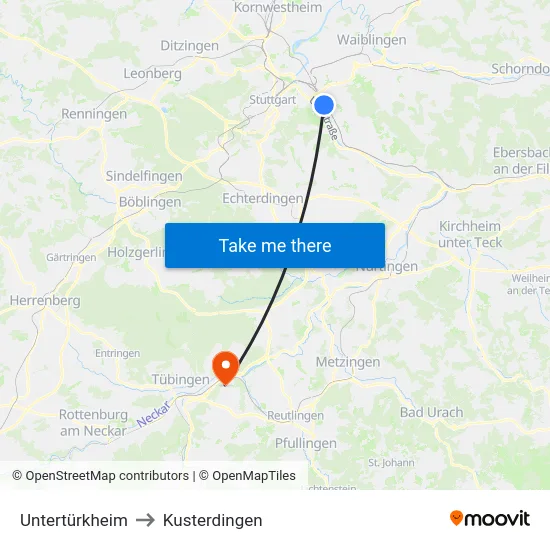 Untertürkheim to Kusterdingen map
