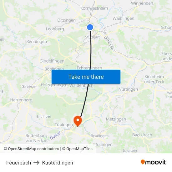 Feuerbach to Kusterdingen map