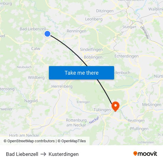 Bad Liebenzell to Kusterdingen map