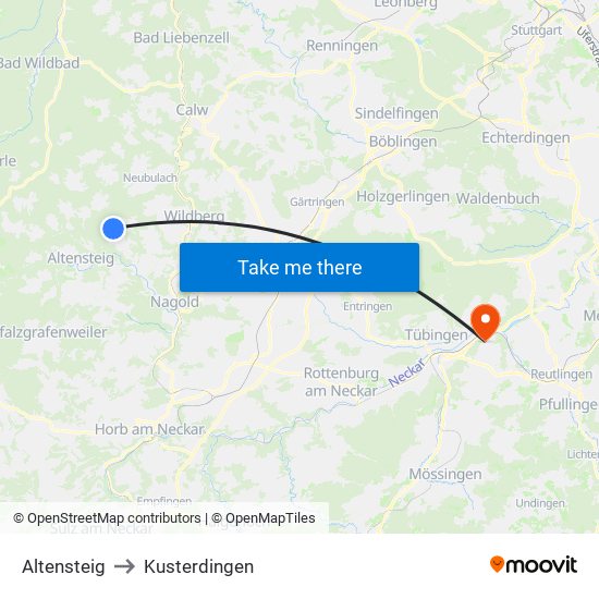 Altensteig to Kusterdingen map