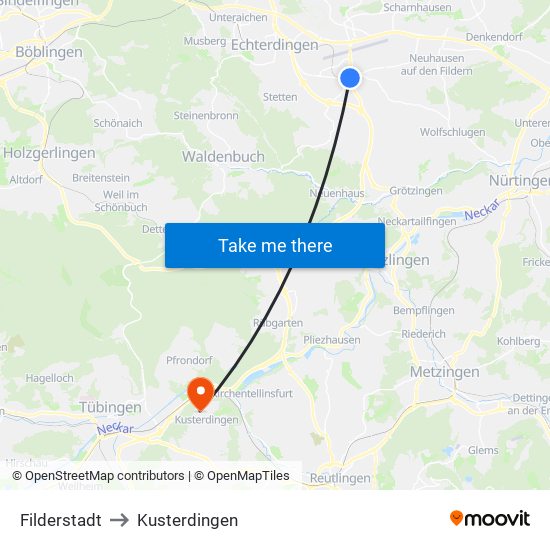 Filderstadt to Kusterdingen map