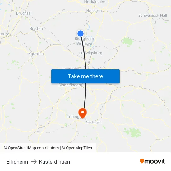 Erligheim to Kusterdingen map